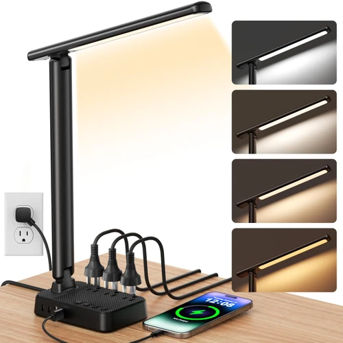 LED Desk Lamp for Office Home, Power Strip with 3 Outlets 4 USB Charging Ports(2 USBC), 4 Modes 5 Level Brightness Desk Light, Small Desk Lamp for College Dorm Room Essentials
