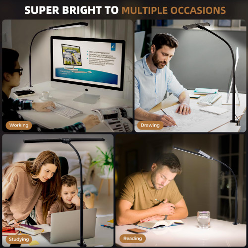 Led Desk Lamp for Home Office, Eye-care Architect Light with Clamp, Smart Double Head Computer Monitor Table Clip Lamp, Adjustable Flexible Goose-Neck, 25 Lighting Models, Task Lamp, White and Sliver