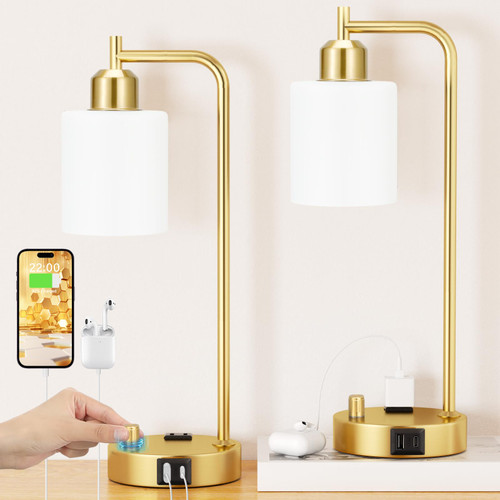 Industrial Table Lamps for Bedroom Set of 2 - Fully Dimmable Bedside Lamps with USB Ports and Outlet, Gold Nightstand Lamps with Opal Glass Shade for Living Room, Desk Lamps for Office Reading