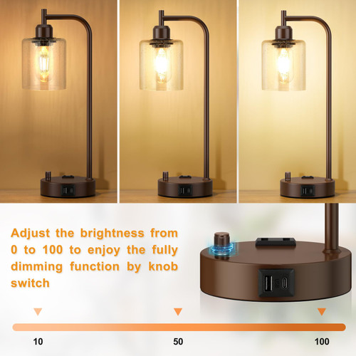 Industrial Table Lamps for Bedrooms Set of 2 - Fully Dimmable Bedside Lamps with USB Ports and Outlet, Brown Nightstand Lamps with Glass Shade for Living Room, Desk Lamps for Office Reading