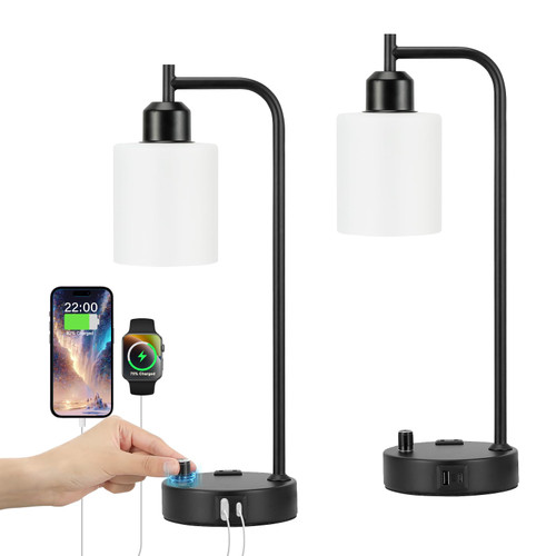 Industrial Bedroom Lamps for Nightstand Set of 2 - Fully Dimmable Bedside Lamps with USB A C Ports and Outlet, Black Table Lamps with Opal Glass Shade for Living Room, Desk Lamps for Office Reading