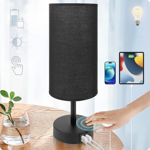 Bedside Lamp with USB Port - Touch Control Table Lamp for Bedroom 3 Way Dimmable Nightstand Lamp with Round Black Fabric Shade for Living Room, Dorm, Home Office (LED Bulb Included)