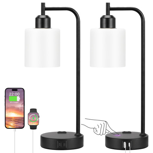 Industrial Touch Bedside Lamps for Bedrooms Set of 2 - 3-Way Dimmable Nightstand Lamps with USB C+A Ports and Outlet, Table Lamps with Opal Glass Shade for Living Room, Desk Lamps for Home Office