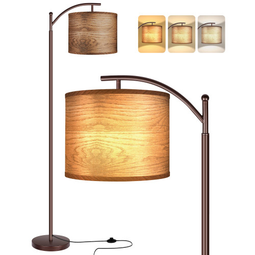 Floor Lamp for Living Room, LED Standing Lamp Tall Industrial Floor Lamp Reading for Bedroom, Office (9W LED Bulb, Wood Grain Lampshade Included) - Oil-Rubbed Bronze