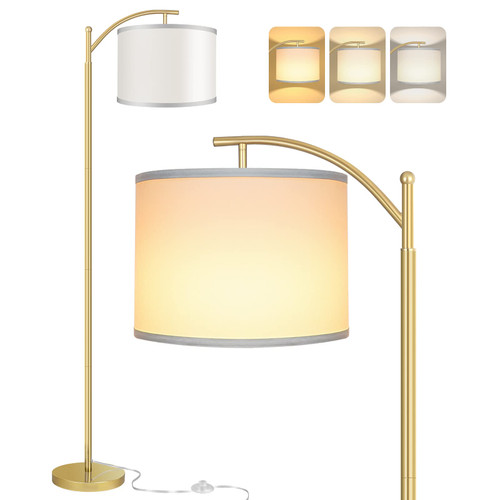 Floor Lamp for Living Room with 3 Color Temperatures LED Bulb, Standing Lamp Tall Industrial Floor Lamp Reading for Bedroom, Office (9W LED Bulb, White Lampshade Included) -Gold