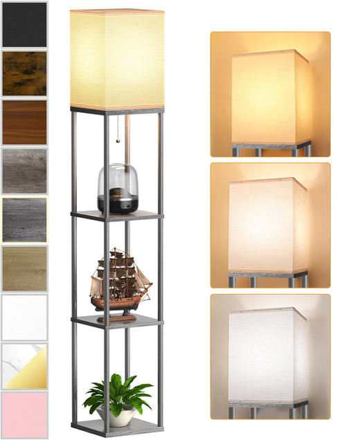 Floor Lamp with Shelves for Living Room, Shelf Floor Lamp with 3 CCT LED Bulb, Corner Display Standing Column Lamp Etagere Organizer Tower Nightstand with White Linen Shade for Bedroom, Dark Gray
