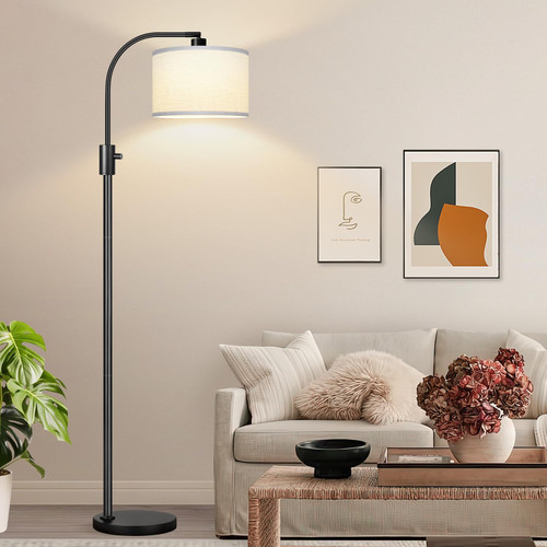 Upgraded Modern Arc Dimmable Tall Standing Floor Lamp with White Shade, 1200 Lumens LED Bulb Included, for Living & Reading Room, Bedroom, Office & Nursery, Black