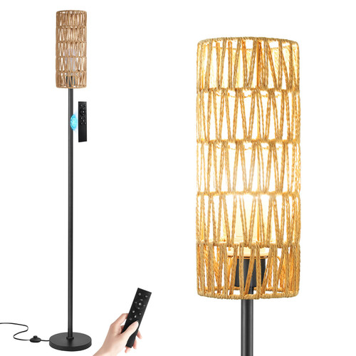 64'' Floor Lamps for Living Room with Remote Control and Stepless Dimmable Colors Temperature & Brightness, Boho Black Standing Lamp with Beige Rattan Shade