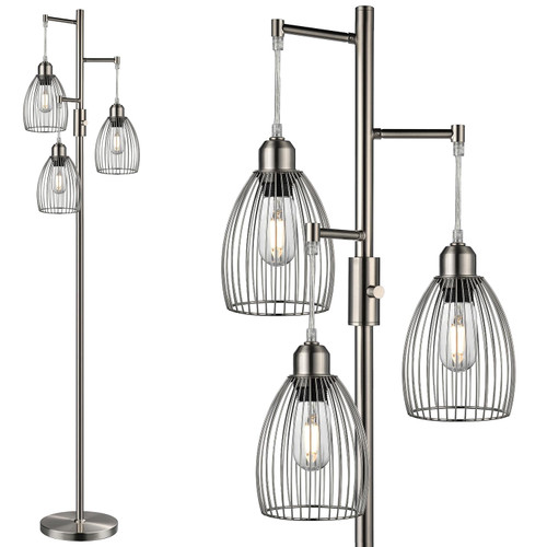 Dimmable Floor Lamp, 3 x 800LM LED Edison Bulbs Included, Industrial Floor Lamp Standing Tree Lamp with Elegant Teardrop Cage Heads Tall Lamps for Living Room Bedroom-Brushed Nickel