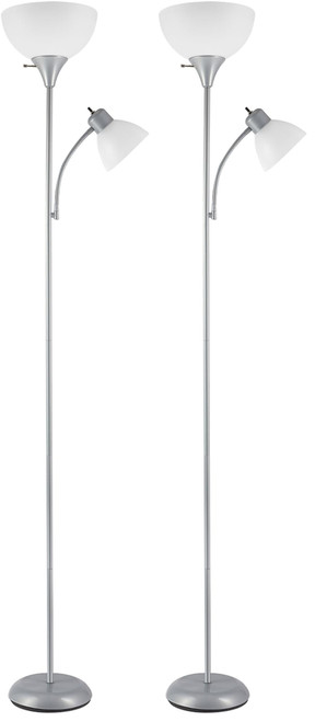 72" Torchiere Floor Lamp and Adjustable Reading Light, Silver, Frosted Shade, Dual Rotary Switch, 3-Step Dimming, Modern Lighting for Living Room or Office, Timeless (Pack of 2)