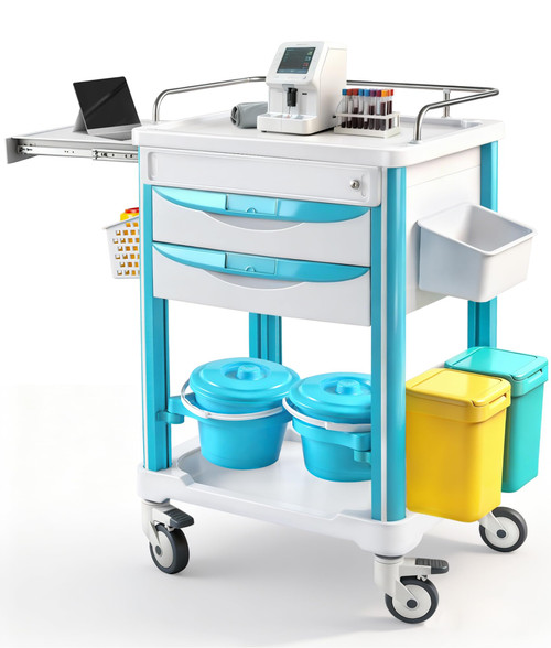Medical Mobile Trolley Cart with Hide Secondary Worktable, Beauty Salon Rolling Trolley with 2 Drawers & 2 Trash Cans, Medical Utility Cart with Silent Wheels & Buckets for Hospital Clinic Lab