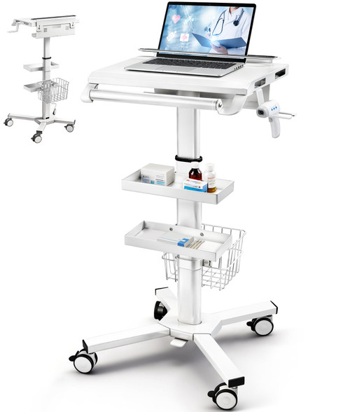 Medical Cart, 31.5"-47.24" Height Adjustable Lab Utility Cart with Wheels, Mobile Hospital Medical Trolley Cart with Scanner Holder, 2 Trays, Basket, Large Tabletop for Dental Clinic, Salon