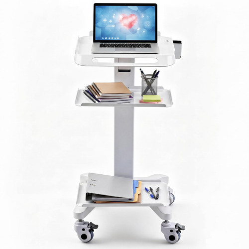 Adjustable Mobile Medical Cart with Wheels, Laptop Rolling Cart with Storage Basket Large Tabletop Medical Trolley Workstation for Hospital, Lab Use (3 Tier)