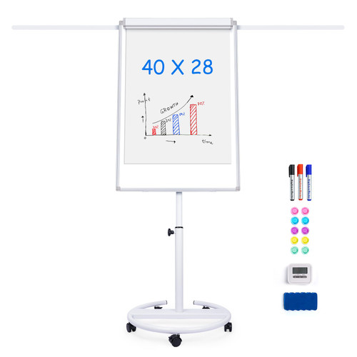Mobile Whiteboard 40 x 28 Inches, Magnetic Dry-Erase Flipchart Easel Stand with Height Adjustment, 2 Extendable Side Arms and 25-Sheet Paper Pad for Office, School, Home