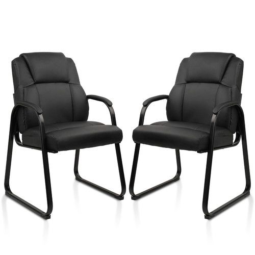 Leather Guest Chair with Padded Arm Rest for Reception Meeting Conference and Waiting Room Side Office Home Black with Sled Base 2 Pack