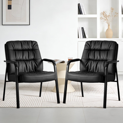 Office Waiting Room Guest Chairs Set of 2, 500lbs Office Reception Lobby PU Leather Chair No Wheels with Padded Armrest for Conference Lobby Medical Waiting Area Bedroom Elderly, Black