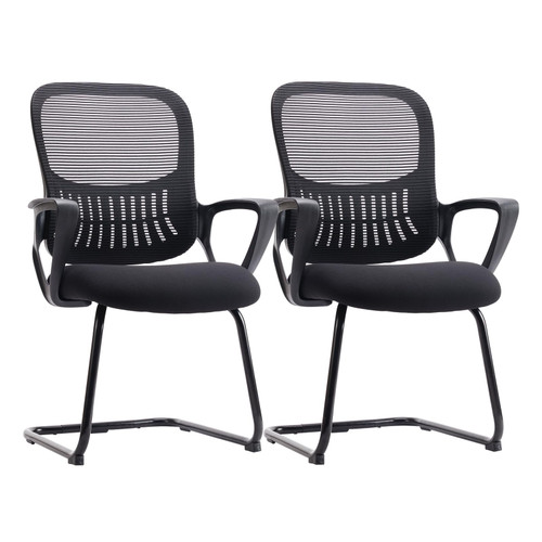 Reception Chair No Wheels, Stationary Non Rolling Mesh Mid Back Computer Guest Side with Lumbar Support for Waiting Area Reception Conference Room, Set of 2, Modern Black