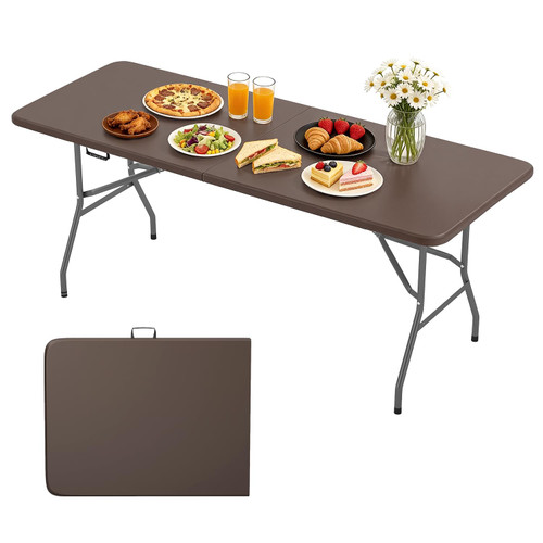 6 FT Picnic Table, Portable Plastic Folding Table with Carrying Handle Perfect for Picnics, Parties, Party and Camping, Brown
