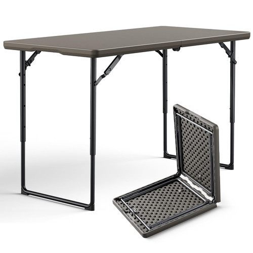 Folding Table 48" x 24" - Heavy Duty Fold-in-Half Plastic Table with Adjustable Height, Portable Utility Tables with Steel Legs for Indoor, Outdoor, Picnic, Camping, Dining, Party (Khaki)