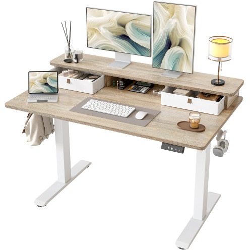 Standing Desk with Two Drawers, Stand Up Standing Desk Adjustable Height, Electric Sit Stand Table with Storage Shelf and Splice Board, 48 * 24 inch, Maple