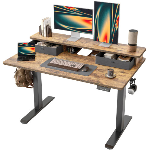 Standing Desk with Two Drawers, Stand Up Standing Desk Adjustable Height, Electric Sit Stand Table with Storage Shelf and Splice Board, 55 * 24 inch, Rustic Brown