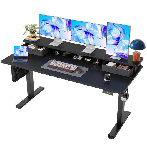 Standing Desk with Two Drawers, Stand Up Standing Desk Adjustable Height, Electric Sit Stand Table with Storage Shelf and Splice Board, 63 * 24 inch, Black