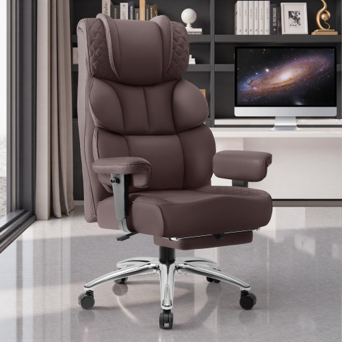Office Desk Chair, Big and Tall Leather Chair with Footrest, Wide Ergonomic Comfy Executive High-Back Reclining Computer Chairs, Swivel Rolling Wheels and Padded Lumbar Support,Coffee