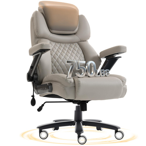 Oversized Big and Tall Office Chair 750lbs with Adjustable Headrest & Lumbar Airbag, Large Executive Chair with 5D Flip Arms, Heavy Duty Metal Base Chair with Hollow Casters & Thick Spring Seat, Beige