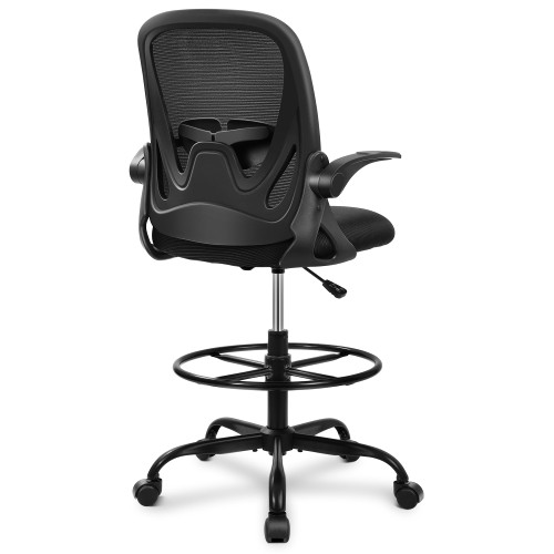 Drafting Office Chair with Flip-up Armrests Executive Ergonomic Computer Standing Desk Chair with Lumbar Support and Adjustable Footrest Ring (Black)