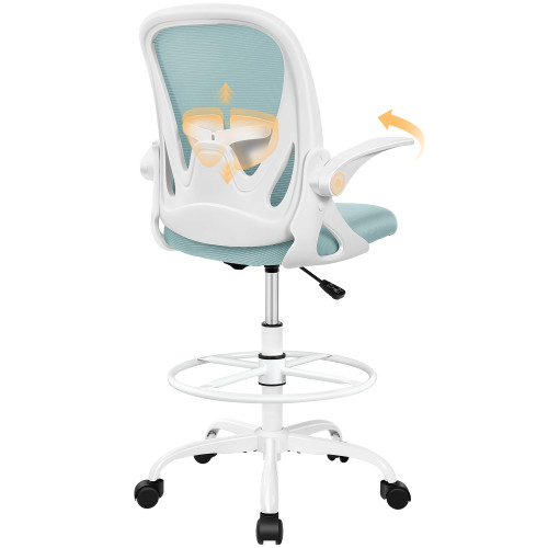 Drafting Office Chair with Flip-up Armrests Executive Ergonomic Computer Standing Desk Chair with Lumbar Support and Adjustable Footrest Ring（Light Blue）
