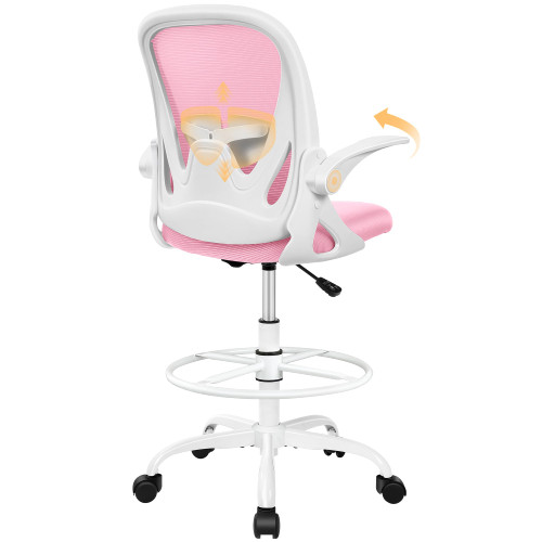 Drafting Chair Office Chair with Flip-up Armrests Executive Ergonomic Computer Standing Desk Chair with Lumbar Support and Adjustable Footrest Ring (Pink)