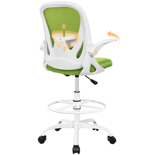 Drafting Office Chair with Flip-up Armrests Executive Ergonomic Computer Standing Desk Chair with Lumbar Support and Adjustable Footrest Ring (Green)