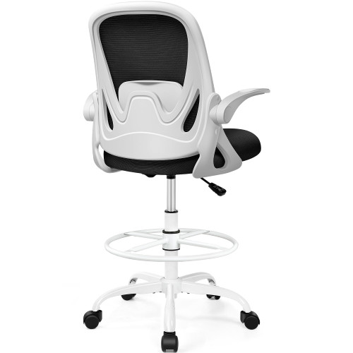 Drafting Office Chair with Flip-up Armrests, Adjustable Height, and Enhanced Lumbar Support - Ergonomic Rolling Stool, Back Support, and Adjustable Foot Rest Ring for Standing Desk White