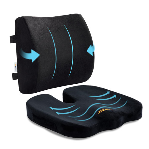 Seat Cushion and Lumbar Support Pillow for Office Chair, Memory Foam Car Seat Cushions Back Support Pillows, Help Relieve Pain of Back, Lumbar, Tailbone and Sciatic Nerve（Black）