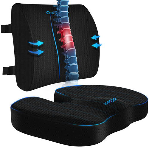 Ergonomic Seat Cushion & Lumbar Support Pillow - Memory Foam for Sciatica Pain Relief & Posture Correction, Non-Slip Chair Cushions for Office Chair/Car/Wheelchair/Travel (Black)