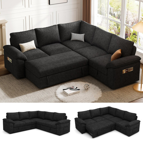 85 Inch Modular Sectional Sofa with Pull Out Bed, L Shaped 5 Seat Sectional Sleeper Sofa with Storage, Sectional Couches for Living Room, Cloud Modular Couch,Removable Sofa Cover, Black