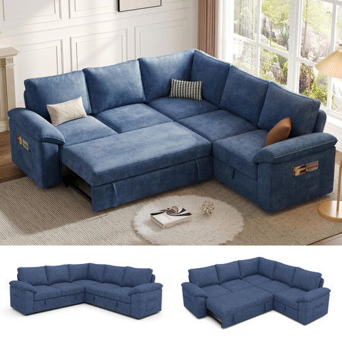SUAWY 85 Inch Modular Sectional Sofa with Pull Out Bed, L Shaped 5 Seat Sectional Sleeper Sofa with Storage, Sectional Couches for Living Room, Cloud Modular Couch,Removable Sofa Cover,Blue