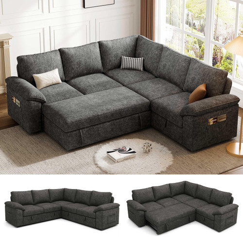 85 Inch Modular Sectional Sofa with Pull Out Bed,L Shaped 5 Seat Sectional Sleeper Sofa with Storage,Sectional Couches for Living Room,Cloud Modular Couch,Removable Sofa Cover, Dark Grey