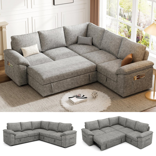 85 Inch Modular Sectional Sofa with Pull Out Bed, L Shaped 5 Seat Sectional Sleeper Sofa with Storage, Sectional Couches for Living Room, Cloud Modular Couch,Removable Sofa Cover,Light Grey