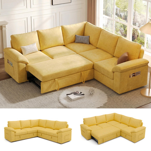 85 Inch Modular Sectional Sofa with Pull Out Bed, L Shaped 5 Seat Sectional Sleeper Sofa with Storage, Sectional Couches for Living Room, Cloud Modular Couch,Removable Sofa Cover,Yellow