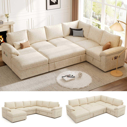 108 Inch Modular Sectional Sofa with Pull Out Bed,U Shaped 7 Seat Sectional Sleeper Sofa with Storage,Sectional Couches for Living Room,Cloud Modular Couch,Removable Sofa Cover,Beige