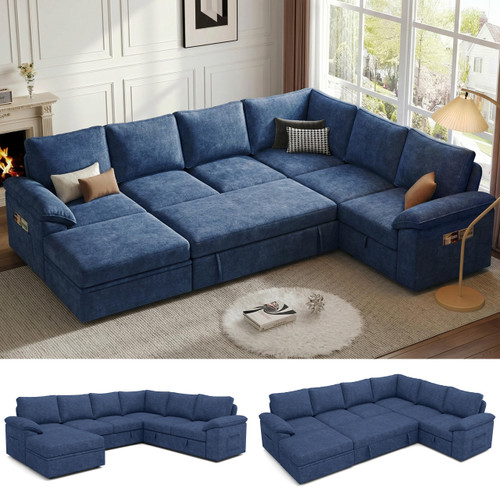 108 Inch Modular Sectional Sofa with Pull Out Bed,U Shaped 7 Seat Sectional Sleeper Sofa with Storage,Sectional Couches for Living Room,Cloud Modular Couch,Removable Sofa Cover,Blue
