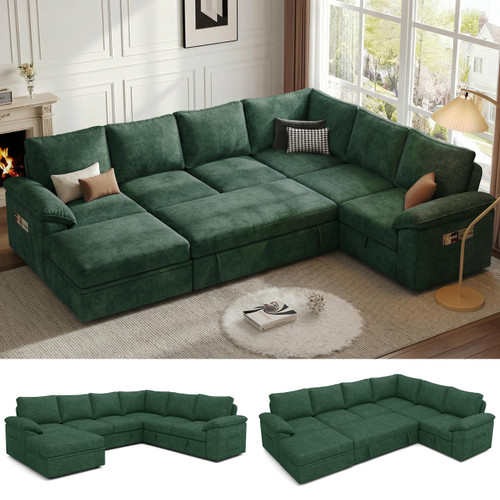 108 Inch Modular Sectional Sofa with Pull Out Bed,U Shaped 7 Seat Sectional Sleeper Sofa with Storage,Sectional Couches for Living Room,Cloud Modular Couch,Removable Sofa Cover,Green