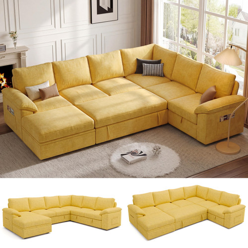 108 Inch Modular Sectional Sofa with Pull Out Bed,U Shaped 7 Seat Sectional Sleeper Sofa with Storage,Sectional Couches for Living Room,Cloud Modular Couch,Removable Sofa Cover,Yellow
