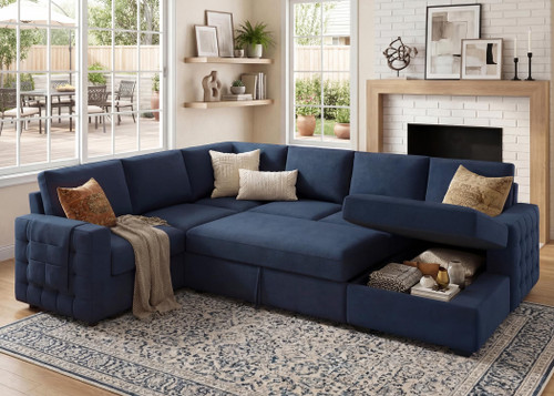 Sleeper Sectional Couch with Pull-Out Bed Sectional Sleeper Sofa Pull Out Bed with Storage Chaise, 6 Seaters Couch for Living Room, Velvet Blue