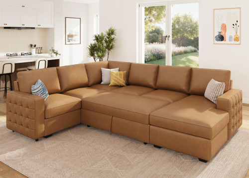 Sleeper Sectional Couch with Pull-Out Bed Sectional Sleeper Sofa Pull Out Bed with Storage Chaise, 6 Seaters Couch for Living Room, Faux Leather Brown