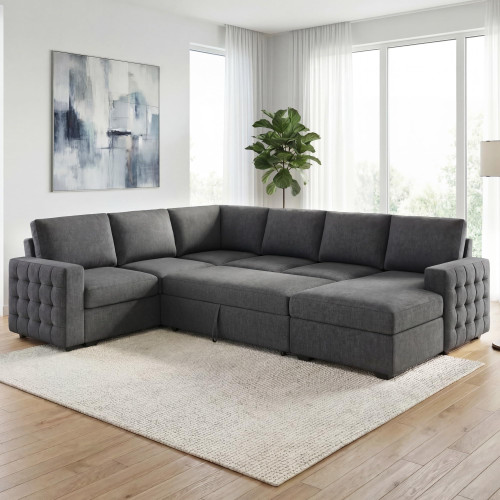Sectional Sleeper Sofa with Pull-Out Bed Storage Chaise, 6 Seater Couch for Living Room, Middle Grey