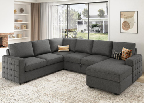Sectional Sleeper Sofa with Pull Out Bed U-Shape Sectional Couch Sleeper Bed with Storage Chaise 6 Seater Sleeper Sectional Sofa, Light Grey