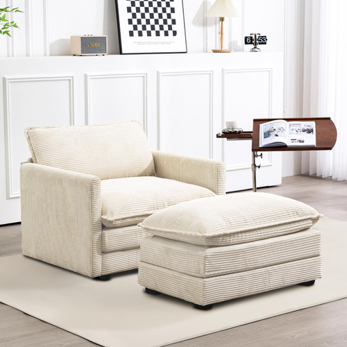 Single Armchair with Ottoman, Modern Corduroy Cloud Couch with Convertible Chaise, Upholstered Sofa Set for Living Room, Beige
