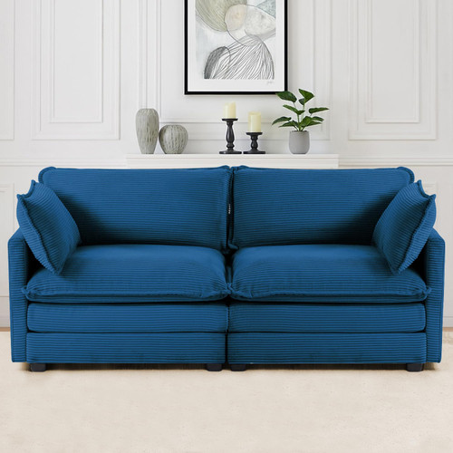 78'' Sectional Modular 2 Seat Cloud Loveseat, Oversized Love Seat 2 Seat Sofa with 2 Throw Pillows, Upholstered Corduroy Sofa Comfy Deep Couches for Living Room and Office, Blue